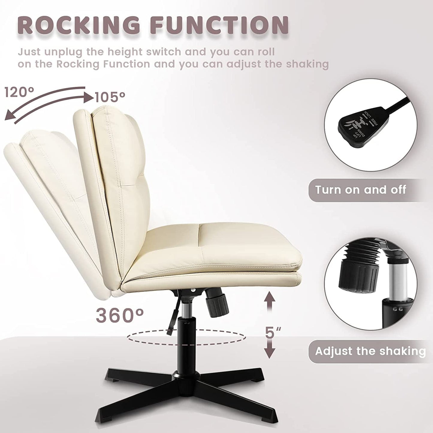 Vitesse PU Leather Armless Office Desk Chair No Wheels,Criss Cross Legged Home Office Chair, Wide Padded Swivel Vanity Chair,120Rocking Mid Back Ergonomic Computer Task Chair for Make Up,Small Space