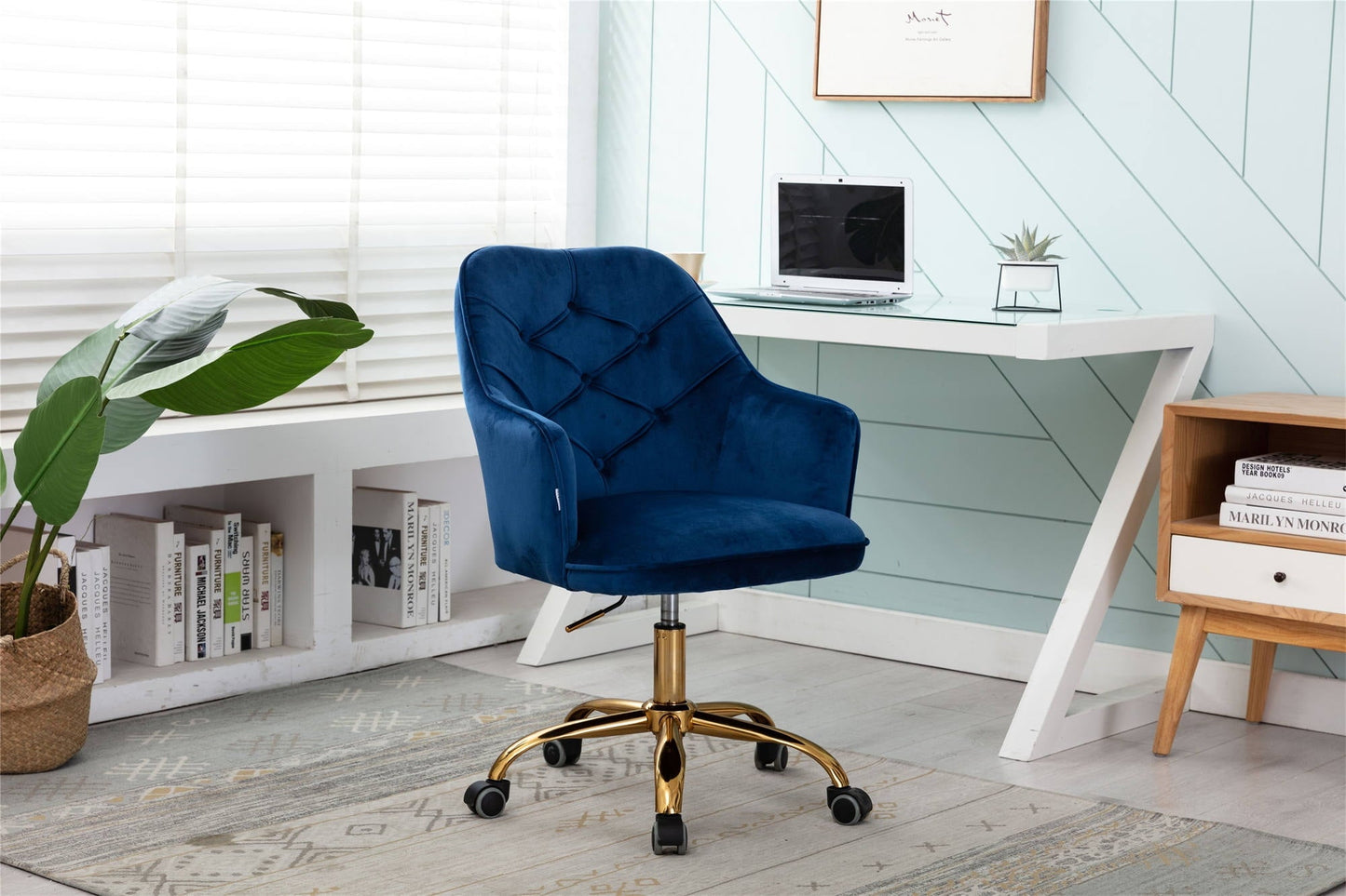 Velvet Home Office Desk Chair, Modern Swivel Armchair, Comfy Task Chair with Height Adjustable, Upholstered Tufted Computer Chair, Leisure Arm Chair, for Vanity Bedroom, Study Room, Navy