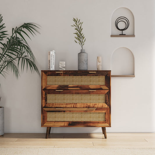 3 Drawers Chest, Woven Rattan Cabinet with Wood Legs, Entryway Sideboard for Bedroom Living Room, 31.5'W¡Á15.75'D¡Á31.5'H