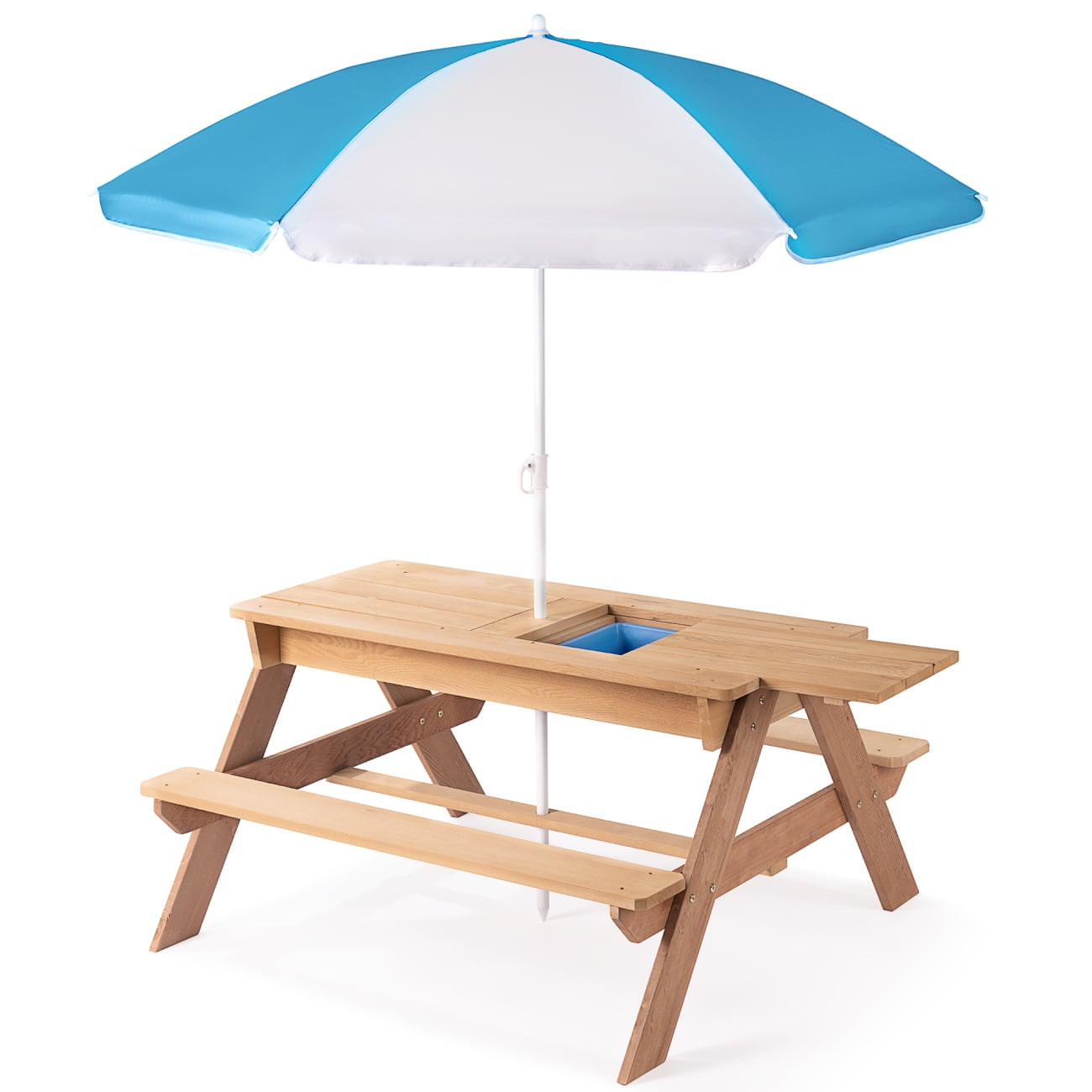3-in-1 Kids Outdoor Picnic Table with Umbrella, Wooden Table with Convertible Sand and Water, ASTM & CPSIA CERTIFICATION, Natural Wood