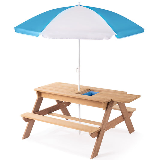 3-in-1 Kids Outdoor Picnic Table with Umbrella, Wooden Table with Convertible Sand and Water, ASTM & CPSIA CERTIFICATION, Natural Wood