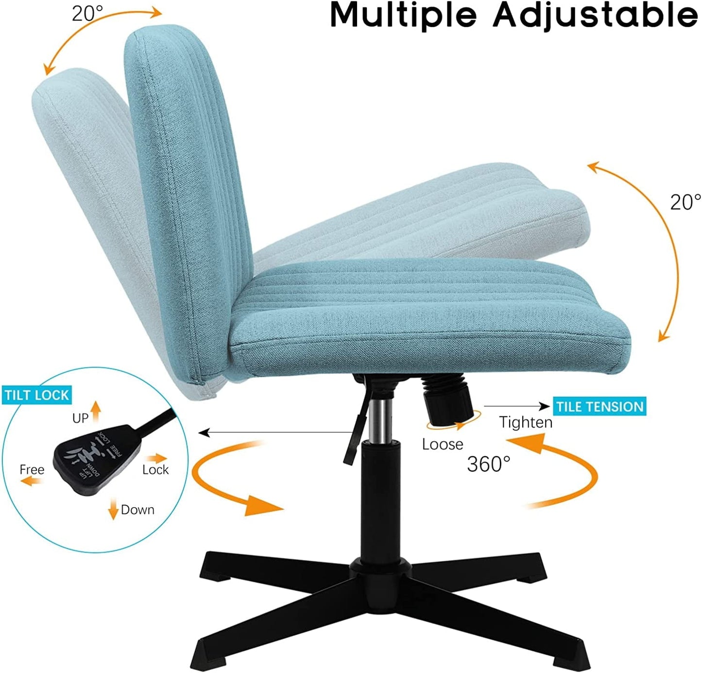 Waleaf Armless Office Desk Chair No Wheels,Fabric Padded Modern Swivel Vanity Chair,Height Adjustable Wide Seat Computer Chair