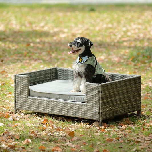 35" Dark Gray PE Wicker Dog Bed With Cushion - in Heightened Base