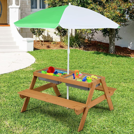 4 in 1 Sand and Water Kids Picnic Table w/Detachable Tabletop, 2 Removable Play Boxes, Foldable & Height Adjustable Umbrella, Wood Sensory Table and Bench for Outdoors, Indoors (Natural)