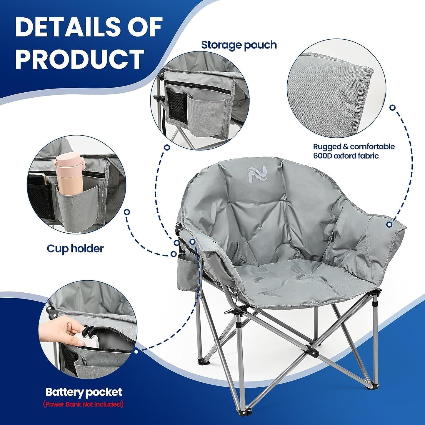 ABORON Oversized Heated Camping Chair, Outdoor Portable Heated Folding Chairs, Patio Lounge Chairs with 3 Heat Levels, Heating Chair for Outdoor Sports, Camping