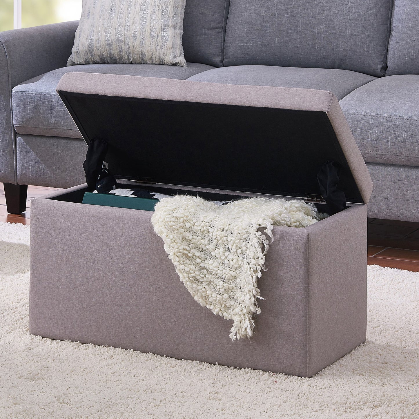 30" Hinged Ottoman Cushioned Top Storage, Sand
