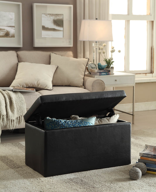 30" Hinged Ottoman Faux-Leather Storage, Black