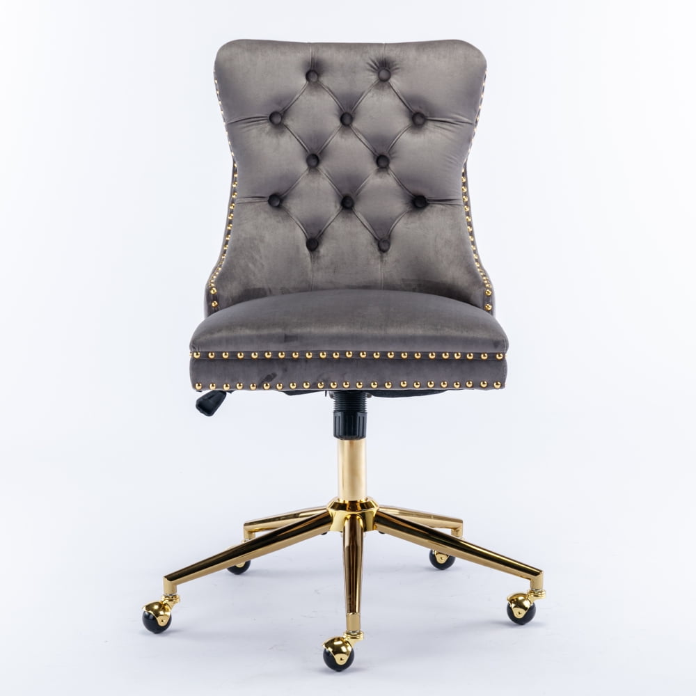 Velvet Office Accent Chair,Upholstered Adjustable Swivel Task Chair with Wheels,Mid-Back Computer Chair with Golden Metal Base, Ergonomic Office Desk Chair for Study Living Room Vanity,Gray