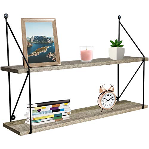 2 Tier Floating Shelves Smooth Wood Finish, Grey