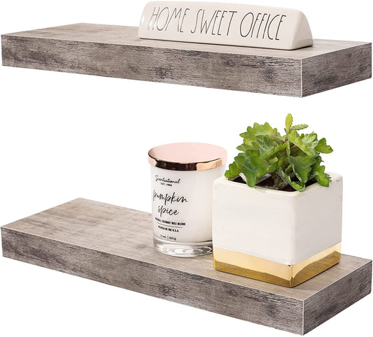 2-Tier Wall Mount Floating Shelves, Rustic Grey Wood