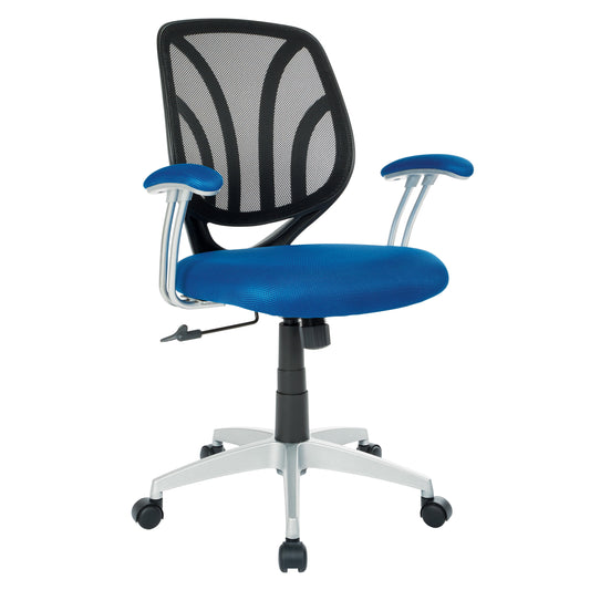 OSP Home Furnishings Screen Back Chair with Navy Mesh Fabric and Silver Coated Arms and Base