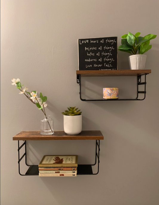 2 Tier Wall Mounted Shelf Set of 2, Wall Floating Shelves with Black Metal for Bathroom, Bedroom, Living Room