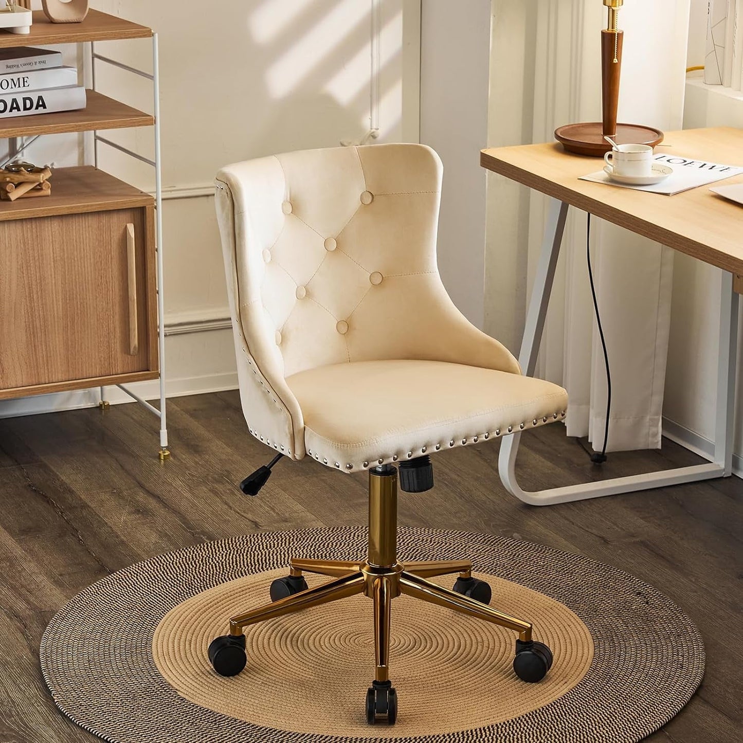 VINGLI Beige Velvet Armless Home Office Desk Chair with Gold Base/Wheels, Small Cute Vanity/Makeup Chair with Back for Bedroom, Upholstered Adjustable Rolling Swivel Nail Chair for Women/Girls