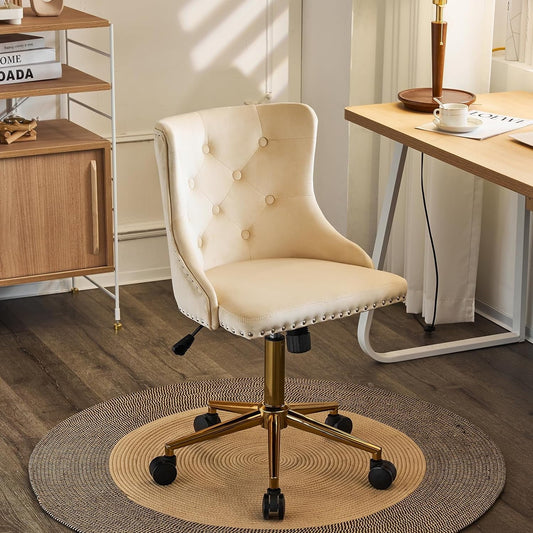 VINGLI Beige Velvet Armless Home Office Desk Chair with Gold Base/Wheels, Small Cute Vanity/Makeup Chair with Back for Bedroom, Upholstered Adjustable Rolling Swivel Nail Chair for Women/Girls