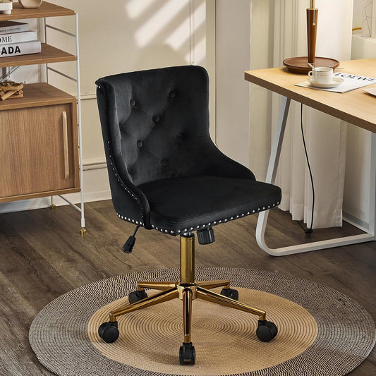 VINGLI Black Velvet Armless Home Office Desk Chair with Gold Base/Wheels, Modern Small Rolling Task Accent Chair for Bedroom, Upholstered Retro Adjustable Computer Chair for Studio, Reception