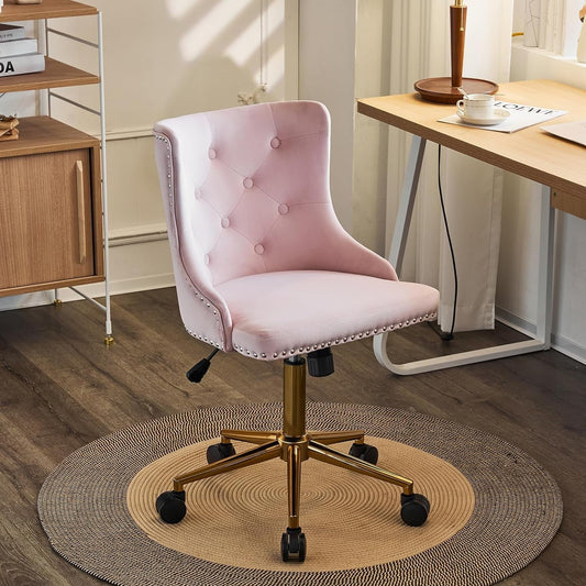VINGLI Light Pink Velvet Armless Home Office Desk Chair with Gold Base/Wheels, Small Cute Vanity/Makeup Chair with Back for Bedroom, Upholstered Adjustable Rolling Swivel Nail Chair for Women/Girls