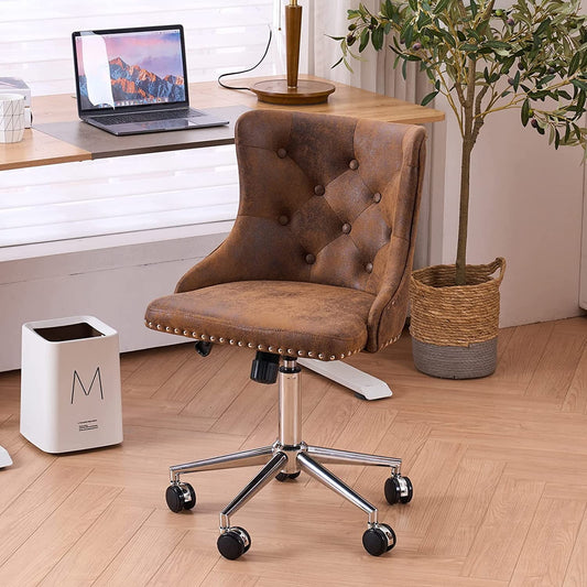 VINGLI Microfiber Rustic Swivel Desk Chair for Bedroom Retro Upholstered Modern Computer Desk Chair with Wheels, Small Home Office Chairs with Adjustable Height, Titling