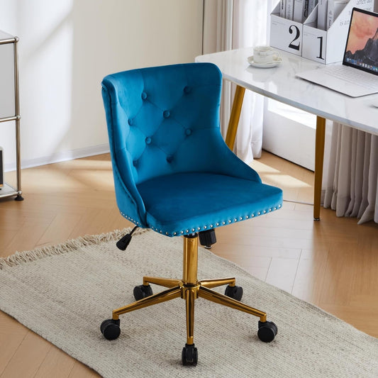 VINGLI Turquoise Blue Armless Home Office Desk Chair with Gold Base/Wheels, Small Cute Vanity/Makeup Chair with Back for Bedroom, Upholstered Adjustable Rolling Swivel Nail Chair for Women/Girls