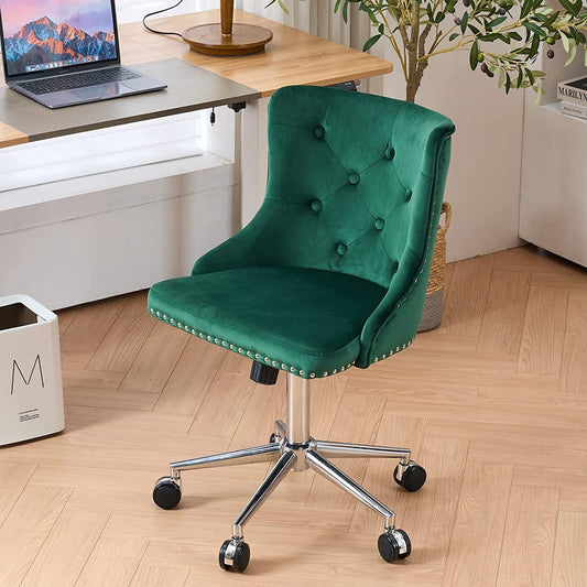 VINGLI Velvet Office Chair, Modern Office Chair Velvet Desk Chair for Bedroom Upholstered Office Chair Swivel Chair with Wheels, Tufted Office Chair Accent Desk Chair for Home Office, Green