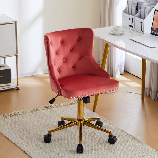 VINGLI Watermelon Red Armless Home Office Desk Chair with Gold Base/Wheels, Small Cute Vanity/Makeup Chair with Back for Bedroom, Upholstered Adjustable Rolling Swivel Nail Chair for Women/Girls