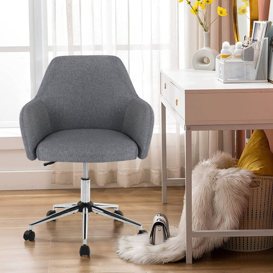 Vanity Chair, Modern Linen Fabric Office Chair, 360 Degree Swivel Task Chair, Height Adjustable Leisure Chair, Comfy Upholstered Arm Accent Chair for Bedroom, Living Room, Makeup Room, Gray