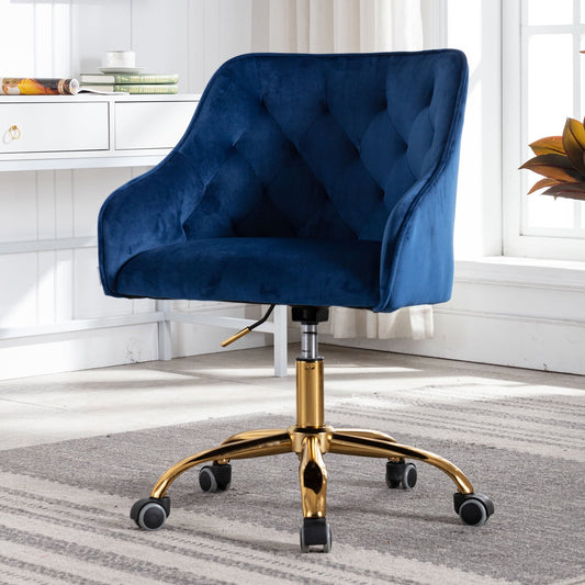 Vanity Chair, Modern Velvet Fabric Office Chair, 360 Degree Swivel Task Chair, Height Adjustable Leisure Chair, Comfy Upholstered Arm Accent Chair for Bedroom, Living Room, Makeup Room, Navy, D7453