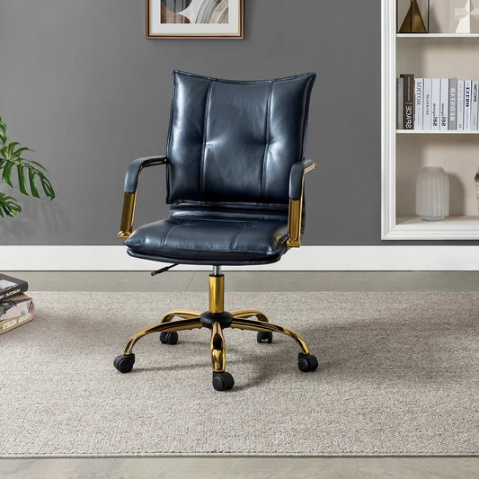 Vegan Leather Home Office Task Chair with Tufted Mid Back Armrest Swivel Adjustable Study Room Navy