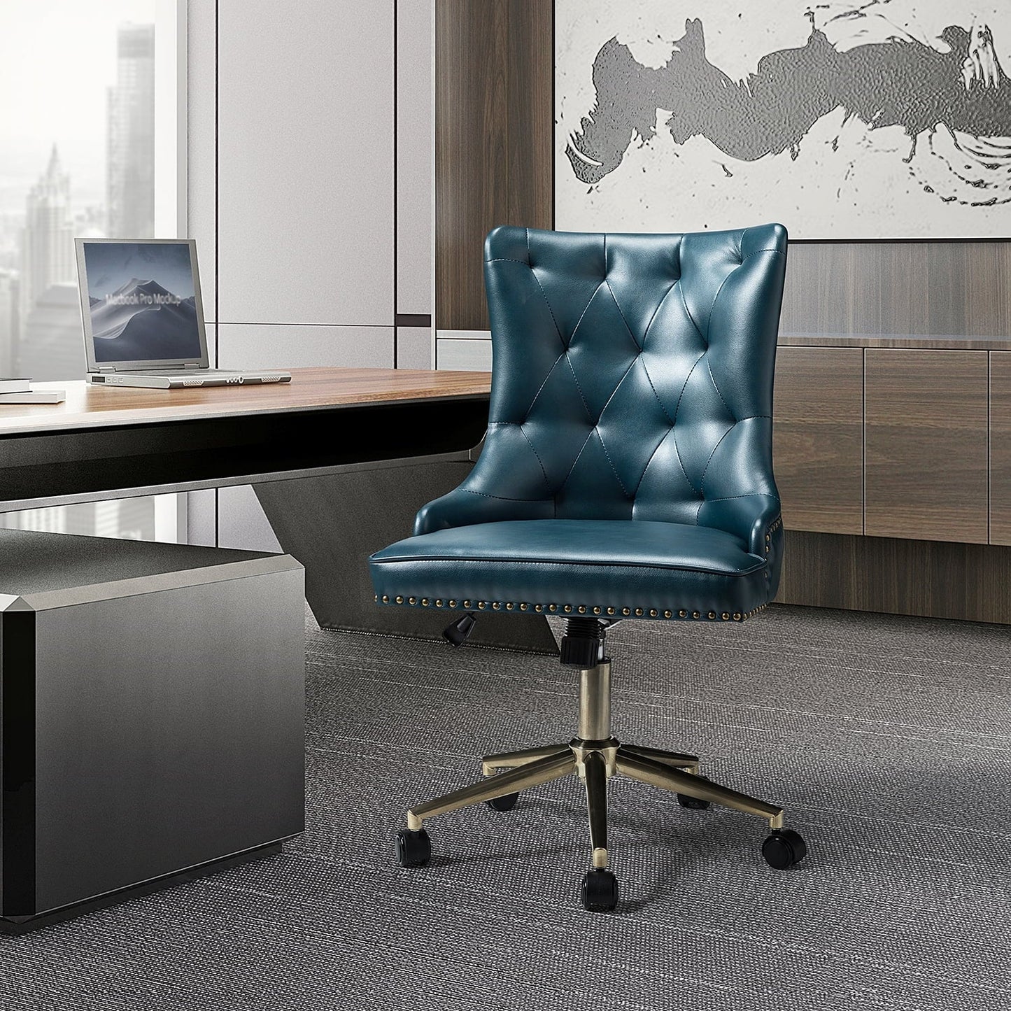 Vegan Leather Office Task Chair,Home Height-Adjustable Swivel Chair, Button Tufted Back Office Home Turquoise