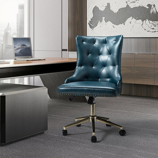 Vegan Leather Office Task Chair,Home Height-Adjustable Swivel Chair, Button Tufted Back Office Home Turquoise