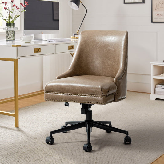 Vegan Leather Task Chair Swivel Home Office Chair Height Adjustable Mid-back Upholstered Nailhead Trim Bedroom Taupe