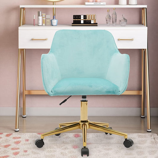 Velvet Fabric Armchair, SYNGAR Modern Height Adjustable Office Chair, 360¡ã Swivel Accent Chair, Comfy Upholstered Vanity Chair with Soft Arm and Back, Task Chair for Home Office, Light Green, D4462