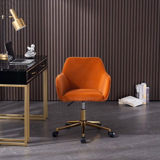 Velvet Fabric Armchair, SYNGAR Modern Height Adjustable Office Chair, 360¡ã Swivel Accent Chair, Comfy Upholstered Vanity Chair with Soft Arm and Back, Task Chair for Home Office, Orange, D4450