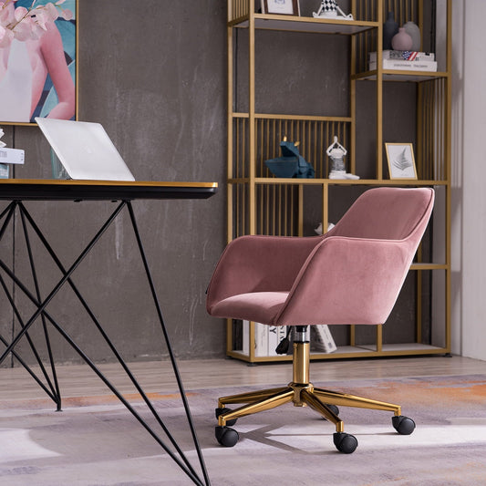Velvet Fabric Armchair, SYNGAR Modern Height Adjustable Office Chair, 360¡ã Swivel Accent Chair, Comfy Upholstered Vanity Chair with Soft Arm and Back, Task Chair for Home Office, Pink, D4426