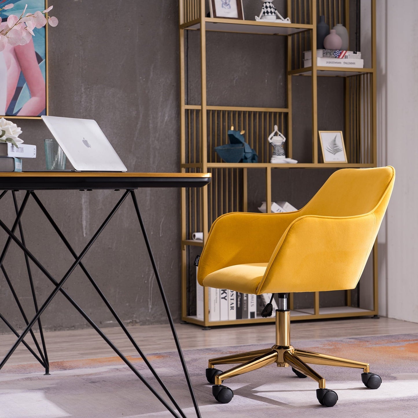 Velvet Fabric Armchair, SYNGAR Modern Height Adjustable Office Chair, 360¡ã Swivel Accent Chair, Comfy Upholstered Vanity Chair with Soft Arm and Back, Task Chair for Home Office, Yellow, D4414