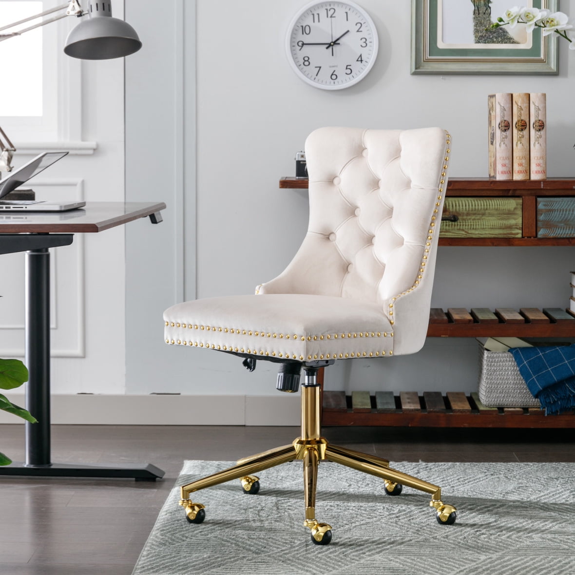 Velvet Home Office Chair, Adjustable Swivel Computer Chair, Upholstered Tufted Button Task Chair with Golden Metal Base, Vanity Chair for Study, Living Room, Bedroom, Beige