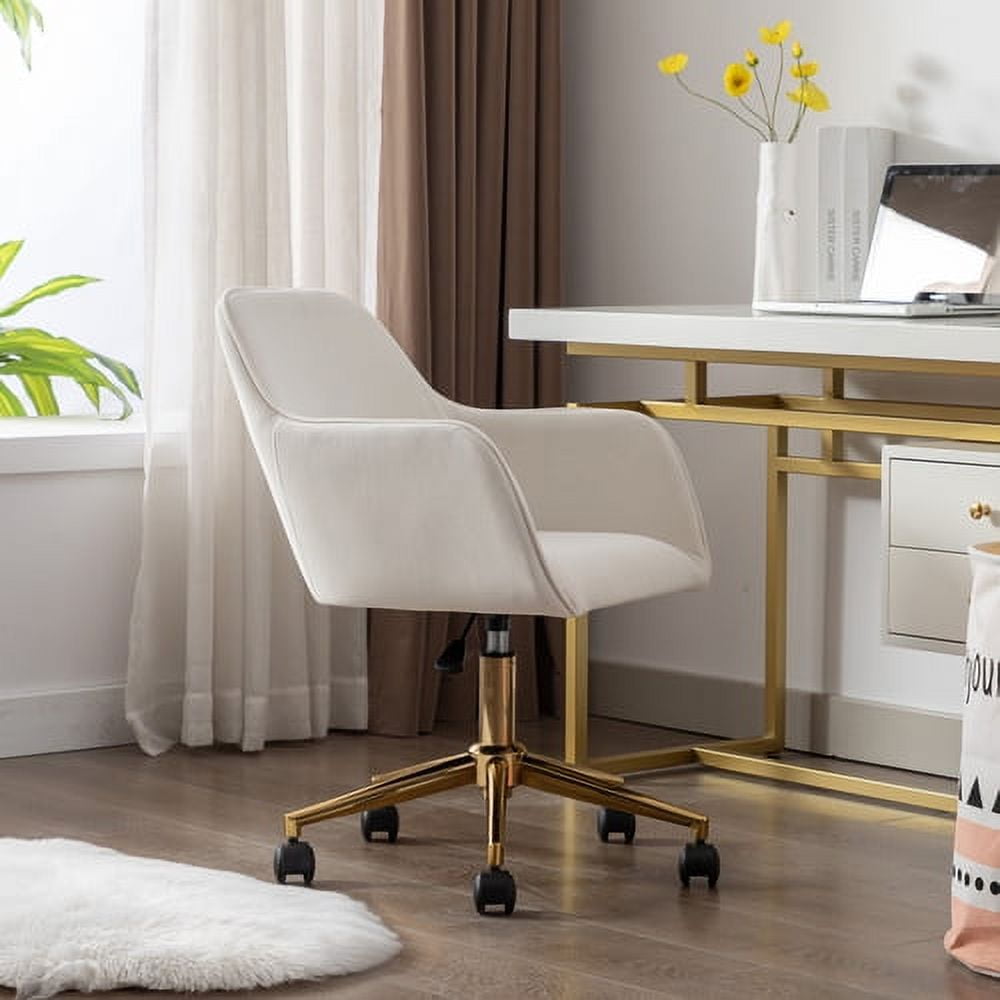 Velvet Office Desk Chair with Mid-Back, Modern Height Adjustable 360¡ã Swivel Upholstered Computer Task Chair with Arms and Wheels for Study Room Living Room Bedroom (Ivory)