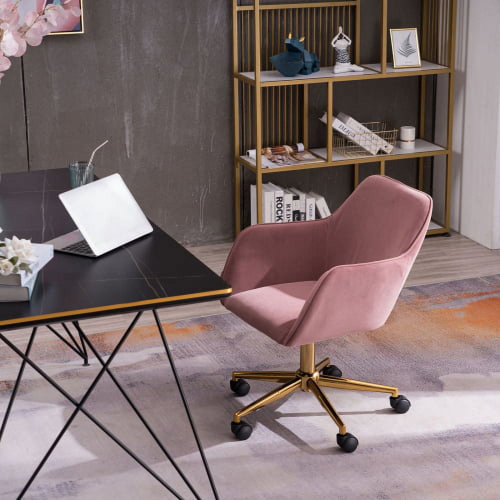 Velvet Office Desk Chair with Mid-Back, Modern Height Adjustable 360¡ã Swivel Upholstered Computer Task Chair with Arms and Wheels for Study Room Living Room Bedroom (Pink)