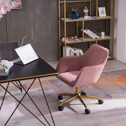 Velvet Office Desk Chair with Mid-Back, Modern Height Adjustable 360¡ã Swivel Upholstered Computer Task Chair with Arms and Wheels for Study Room Living Room Bedroom (Pink)