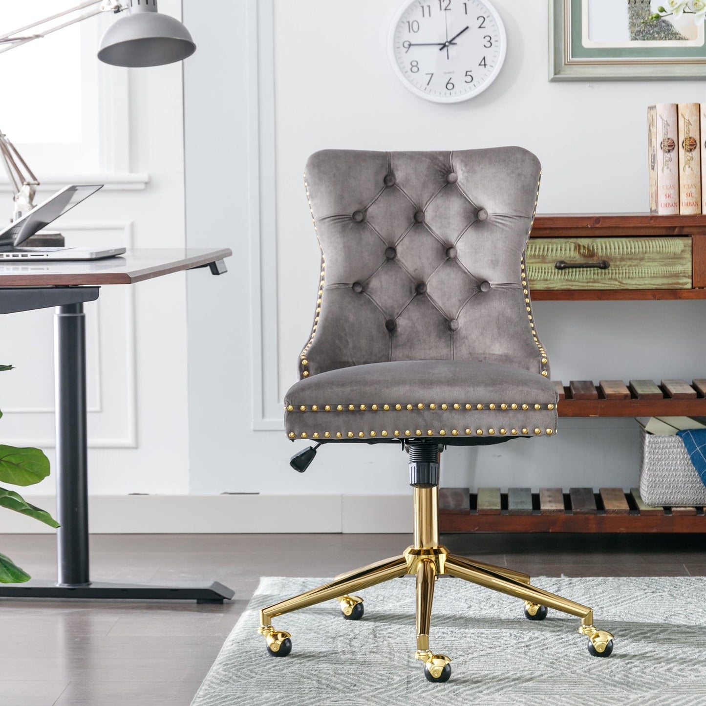 Velvet Office Desk Chair, Upholstered Home Office Desk Chairs with Adjustable Swivel Wheels, Ergonomic Office Chair with Golden Metal for Living Room, Bedroom, Office, Vanity Study, Gray