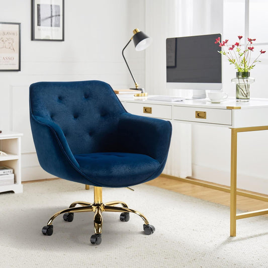 Velvet Tufted Office Chair Upholstered Swivel Modern Adjustable Armchair Metal Base Home Bedroom Navy