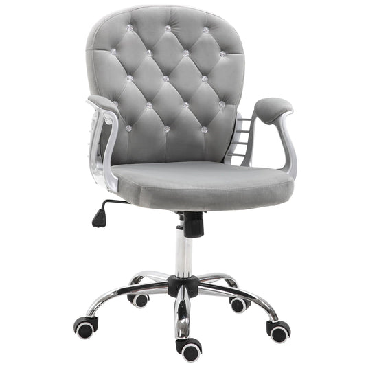 Vinsetto Velvet Home Office Chair, Button Tufted Desk Chair with Padded Armrests, Adjustable Height and Swivel Wheels, Gray
