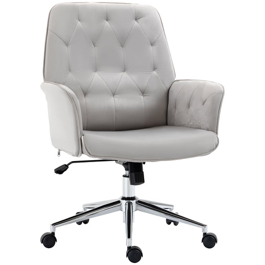 Vinsetto Velvet Home Office Chair, Tufted Height Adjustable Computer Desk Chair with Swivel Wheels and Padded Armrests, Light Gray
