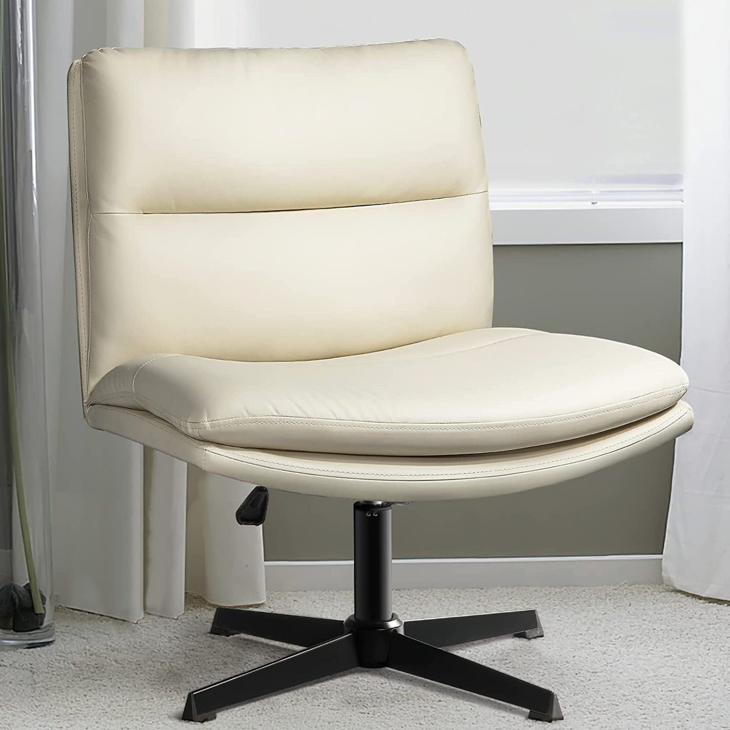 Vitesse PU Leather Armless Office Desk Chair No Wheels,Criss Cross Legged Home Office Chair, Wide Padded Swivel Vanity Chair,120Rocking Mid Back Ergonomic Computer Task Chair for Make Up,Small Space