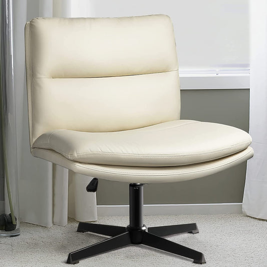 Vitesse PU Leather Armless Office Desk Chair No Wheels,Criss Cross Legged Home Office Chair, Wide Padded Swivel Vanity Chair,120Rocking Mid Back Ergonomic Computer Task Chair for Make Up,Small Space