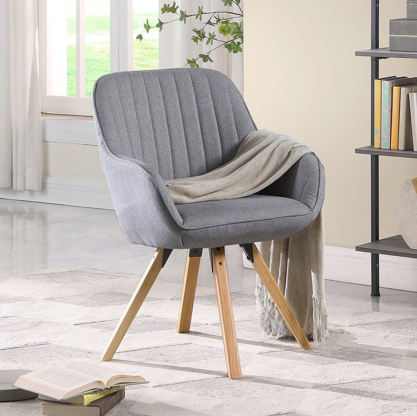 WELLET Mid Century Modern Desk Chair No Wheels Swivel Accent Home Office Chair with Wood Legs for Living Room, Grey Fabric