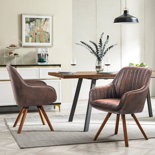 WELLET Swivel Desk Chair No Wheels, Suede Wood Legged, Set of 2, Brown