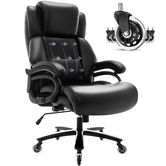 WOSDOM Big and Tall Office Chair, Heavy Duty Office Chair for Heavy People, Wide Seat Leather Computer Desk Chair with Adjustable Lumbar Support, Quiet Rubber Wheel |400lb |Black