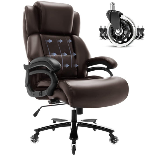 WOSDOM Big and Tall Office Chair, Heavy Duty Office Chair for Heavy People, Wide Seat Leather Computer Desk Chair with Adjustable Lumbar Support, Quiet Rubber Wheel |400lb |Brown