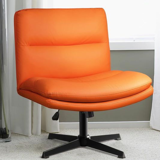 Waleaf PU Leather Armless Office Desk Chair No Wheels,Criss Cross Legged Wide Padded Seat Swivel Vanity Chair