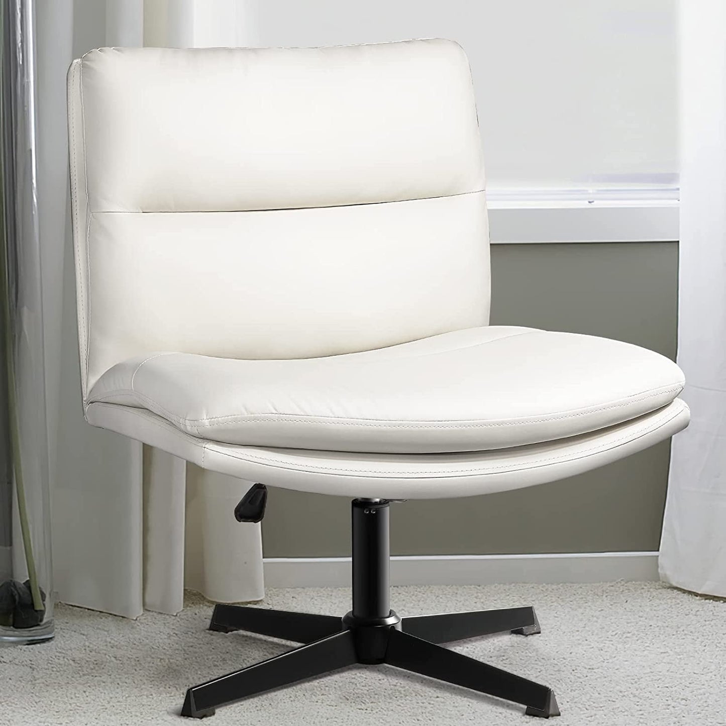 Waleaf PU Leather Armless Office Desk Chair No Wheels,Criss Cross Legged Wide Padded Seat Swivel Vanity Chair